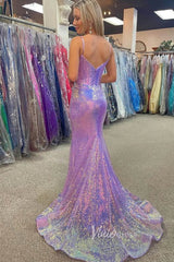 Boned Sequin Mermaid Prom Dresses Pink Spaghetti Strap Evening Dress FD3506