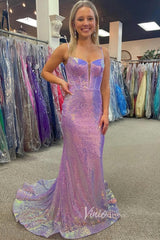 Boned Sequin Mermaid Prom Dresses Pink Spaghetti Strap Evening Dress FD3506