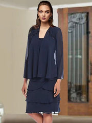 Two Piece Sheath / Column Mother of the Bride Dress Elegant Scoop Neck Knee Length Chiffon Lace Sleeveless Wrap Included with Beading
