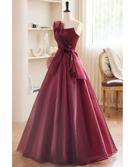 Charming and elegant wine red sleeveless off shoulder ball dress, wine red A-shaped princess strapless butterfly tie with backless strap and ground length prom dress