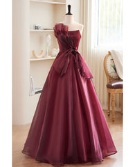 Charming and elegant wine red sleeveless off shoulder ball dress, wine red A-shaped princess strapless butterfly tie with backless strap and ground length prom dress