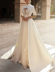 Aimishang Engagement Royal Style Formal Wedding Dresses A-Line Sweetheart Half Sleeve Court Train Satin Bridal Gowns With Ruffles Appliques