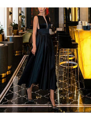 A-Line Evening Gown Cut Out Dress Engagement Wedding Party Sweep / Brush Train Sleeveless Jewel Neck Italy Satin Backless with Sleek Pure Color