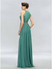A-Line Wedding Guest Dresses Maxi Dress Party Wear Floor Length Sleeveless Halter Chiffon with Ruched Appliques