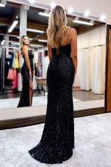 Spaghetti Straps Sequins V-Neck Fringe Mermaid Long Formal Dress with Slit