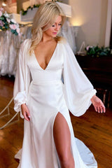White V-Neck Long Sleeve Backless Long Wedding Dress with Slit