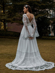 Bridal Gowns Boho Wedding Dress Long Sleeves Lace V-Neck Lace Chiffon Wedding Gowns