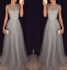 Bridelily Grey A-line Prom Dresses Beaded Long Tulle Evening Gowns