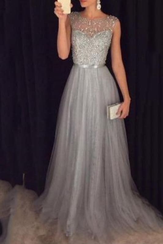 Bridelily Grey A-line Prom Dresses Beaded Long Tulle Evening Gowns