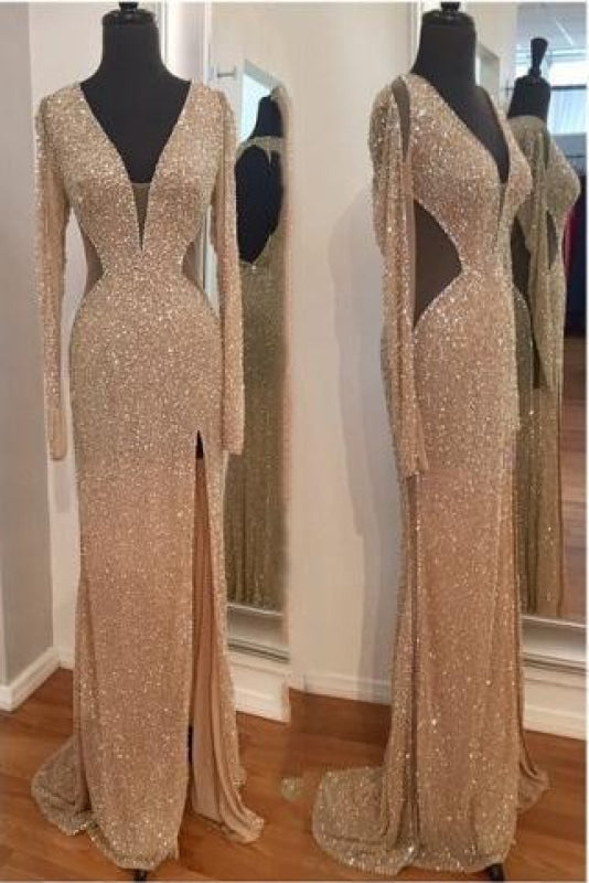 Bridelily Sequins Long Sleeves Sheath Prom Dresses