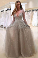 Bridelily A-line Long Sleeves V-neck Floor-length Tulle Pearls Prom Dresses
