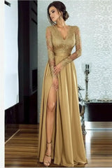 Bridelily A-line Long Sleeves V-neck Split Floor-length Lace Appliques Prom Dresses