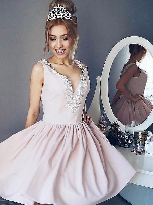 Bridelily A-Line Satin V-neck Sleeveless Short/Mini With Lace Dresses
