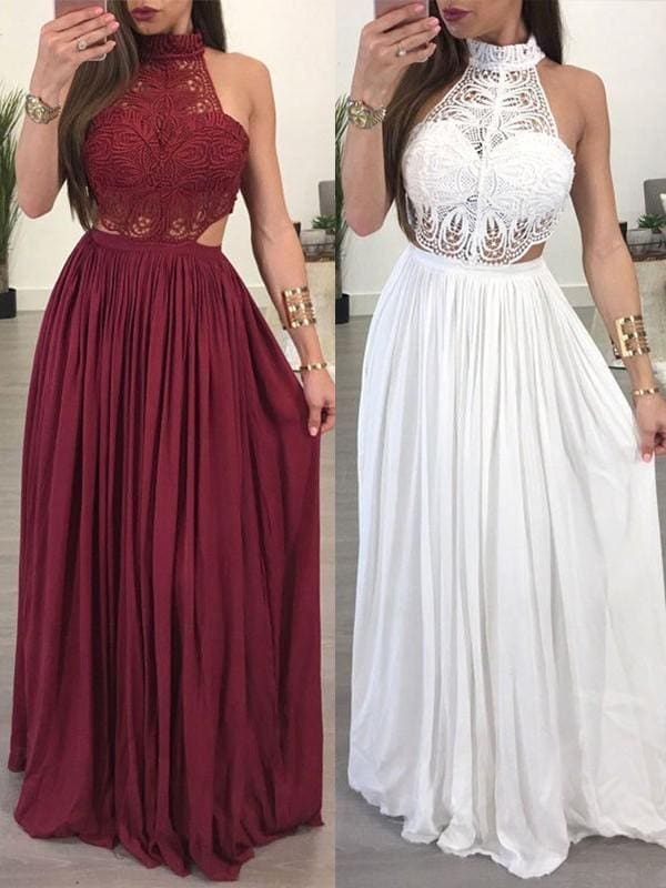 Bridelily A-Line Sleeveless Halter Floor-Length Chiffon Lace Dresses