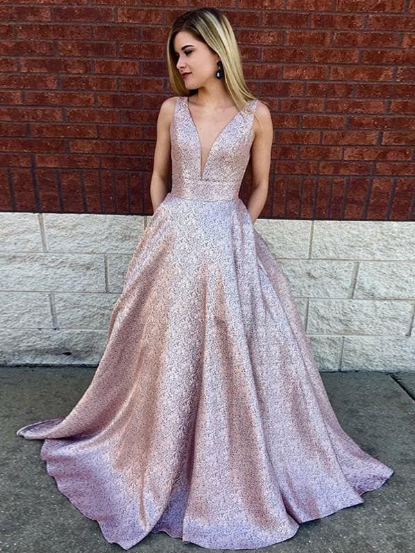 Bridelily A-Line Sleeveless V-Neck Sweep/Brush Train Sequins Dresses