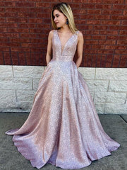Bridelily A-Line Sleeveless V-Neck Sweep/Brush Train Sequins Dresses