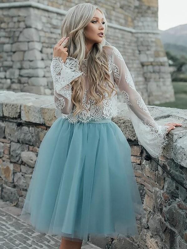 Bridelily A-Line Tulle Scoop Long Sleeves Short/Mini With Lace Dresses