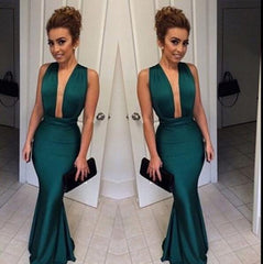 Bridelily Dark Green Mermaid Prom Dresses Deep V Neck Satin Evening Gowns
