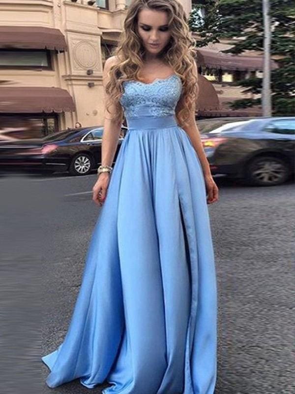 Bridelily Empire Sleeveless Sweetheart Floor-Length Lace Satin Dresses