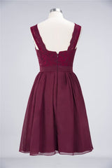 Bridelily Lace V-Neck Short Burgundy Chiffon Bridesmaid Dress
