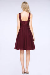 Bridelily Lace V-Neck Short Burgundy Chiffon Bridesmaid Dress