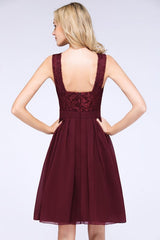 Bridelily Lace V-Neck Short Burgundy Chiffon Bridesmaid Dress