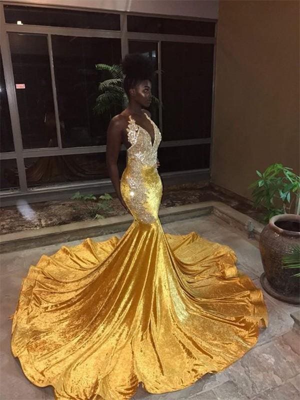 Bridelily Mermaid Sleeveless V-Neck Court Train Lace Sequins Dresses