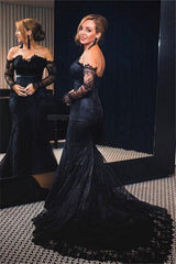 Bridelily Off-shoulder Long Sleeves V-neck Lace Mermaid Prom Dresses