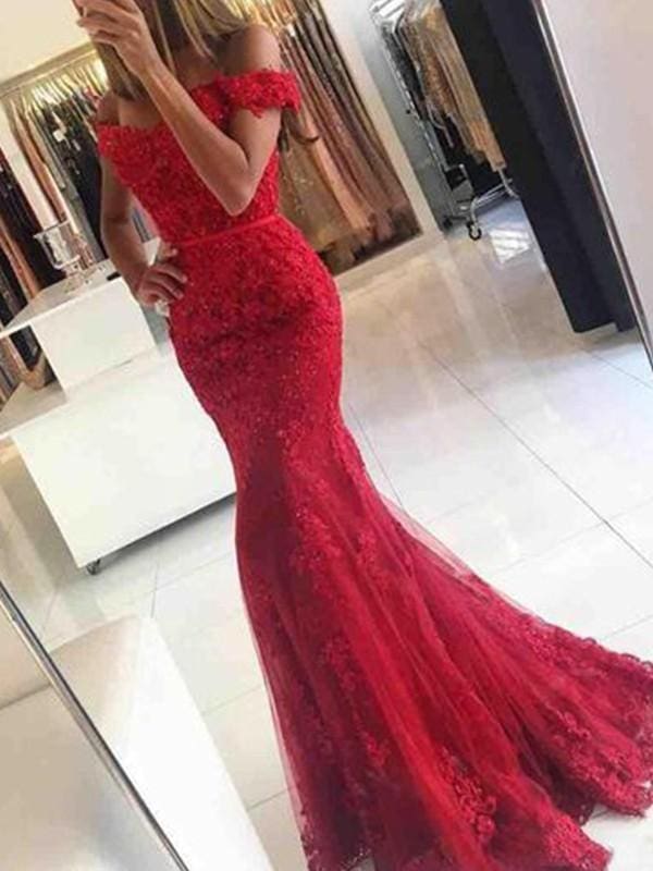 Bridelily Off-The-Shoulder Tulle Applique Sweep/Brush Train Dresses