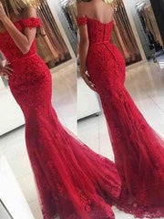 Bridelily Off-The-Shoulder Tulle Applique Sweep/Brush Train Dresses