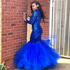 Bridelily Royal-Blue Mermaid Prom Dress | Long Sleeve Sequins Party Gowns