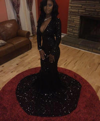Bridelily Shiny Black Sequins Long-Sleeves Mermaid Prom Dresses Deep V-Neck