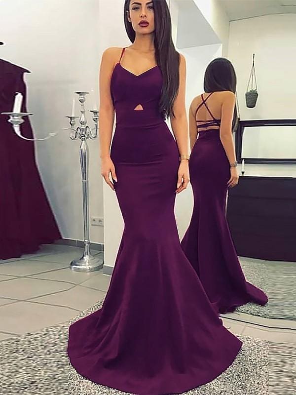 Bridelily Spaghetti Strap Ruched Sweep/Brush Train Satin Dresses