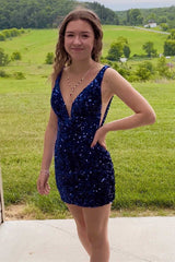 Purple Sequins Plunge Mini Homecoming Dress