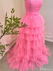 Bright Pink Tiered Tulle Prom Dresses Strapless Ruffle Ball Gowns 80007