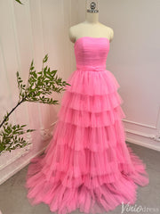Bright Pink Tiered Tulle Prom Dresses Strapless Ruffle Ball Gowns 80007