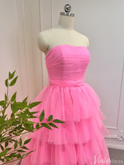 Bright Pink Tiered Tulle Prom Dresses Strapless Ruffle Ball Gowns 80007