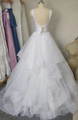 Broad Strap V Neck Ball Gown Wedding Dresses with Ruffle Skirt VW1121