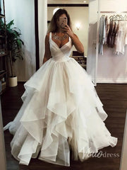 Broad Strap V Neck Ball Gown Wedding Dresses with Ruffle Skirt VW1121