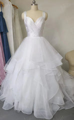 Broad Strap V Neck Ball Gown Wedding Dresses with Ruffle Skirt VW1121