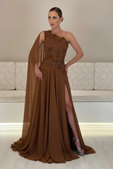 One-Shoulder Sleeveless Chiffon Evening Dresses Long with Side Slit