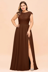 Plus Size Bridesmaid Dress Lace with Split Cap Sleeves Chiffon Wedding Guest Dress