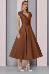 Navy Satin A-Line Mother of the Bride Dress V Neck Tea Length Wedding Guest Dress