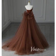 Brown Satin Mermaid Prom Dresses Strapless Bow-Tie Formal Gown FD3407