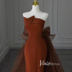 Brown Satin Mermaid Prom Dresses Strapless Bow-Tie Formal Gown FD3407