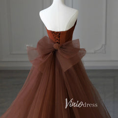 Brown Satin Mermaid Prom Dresses Strapless Bow-Tie Formal Gown FD3407