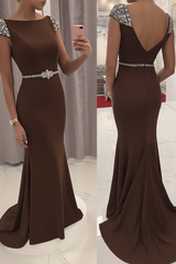 Navy Blue Sequined Fitted Cap Sleeve Mermaid Prom Dress Formal Gown