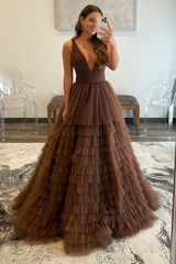 V Neck Layered Tulle Long Prom Dresses Orange Aline Formal Evening Dresses