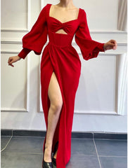 A-Line Evening Gown Sparkle & Shine Dress Party Wear Floor Length Long Sleeve Square Neck  Fabric with Pleats Ruched Slit