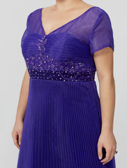 Aimishang Princess Mother of the Bride Dress Elegant & Luxurious Glamorous & Dramatic Plus Size V Neck Floor Length Organza Short Sleeve No with Pleats Beading Appliques
